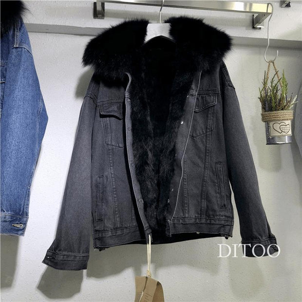 Luxury Short Fox Fur Outwear Women Denim Jacket