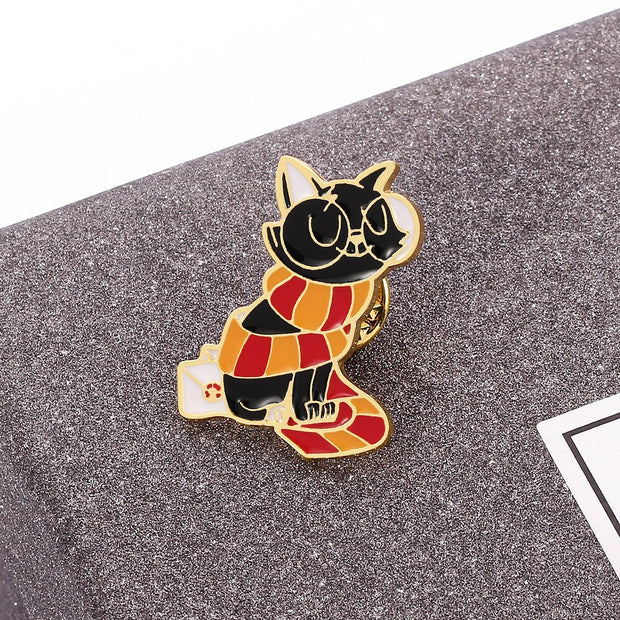 Cute Pet Cat Big Glasses Classic Magic Movie Stripe Scarf Enamel Charm Brooch