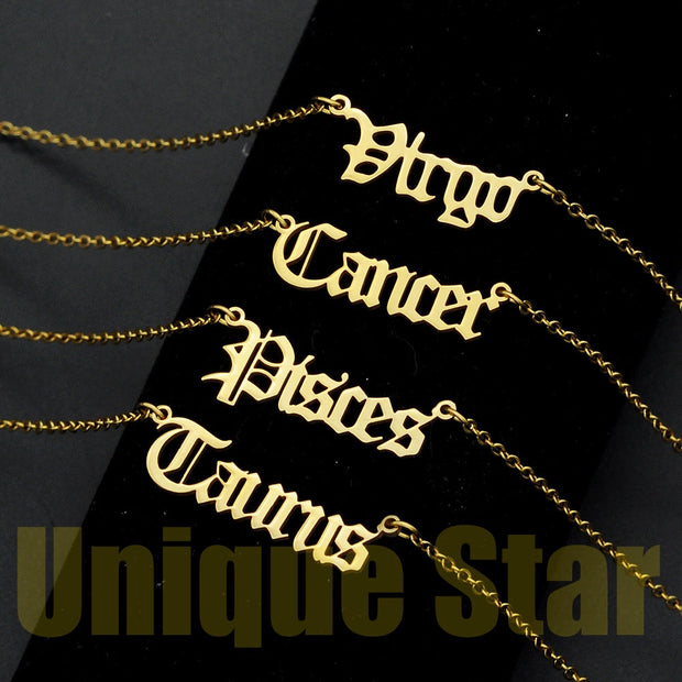 12pcs/set Wholesale 100% Stainless Steel Old English Zodiac Letter Necklace