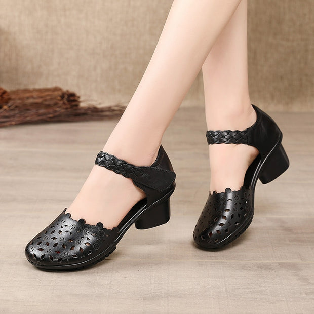 Genuine Leather Shoes Woman Retro Hollow Out Sandals