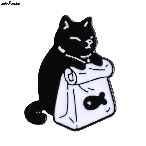 Enamel Pins Cute Black White Cats Dried Fish Bag Brooches Lapel Badge