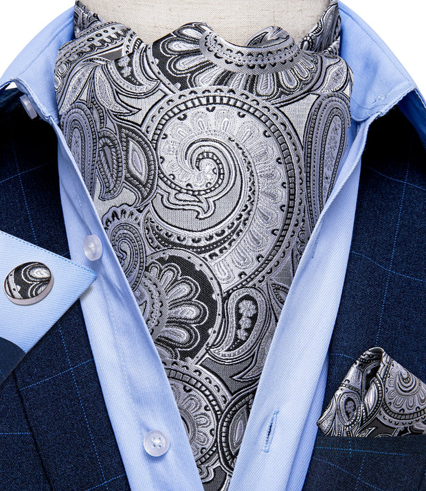 Men Premium Silk Ascot Tie Set Paisley Floral Blue Red Vintage Wedding