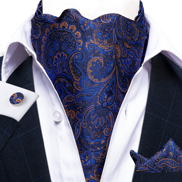 Men Premium Silk Ascot Tie Set Paisley Floral Blue Red Vintage Wedding