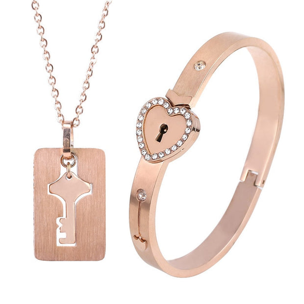 Black Heart Bracelet Choker Set Jewelry Stainless Steel Key Pendant Necklace