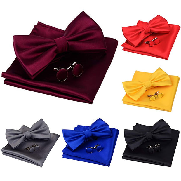 Men Bowtie Cufflinks Cravat Set Solid Butterfly Ties