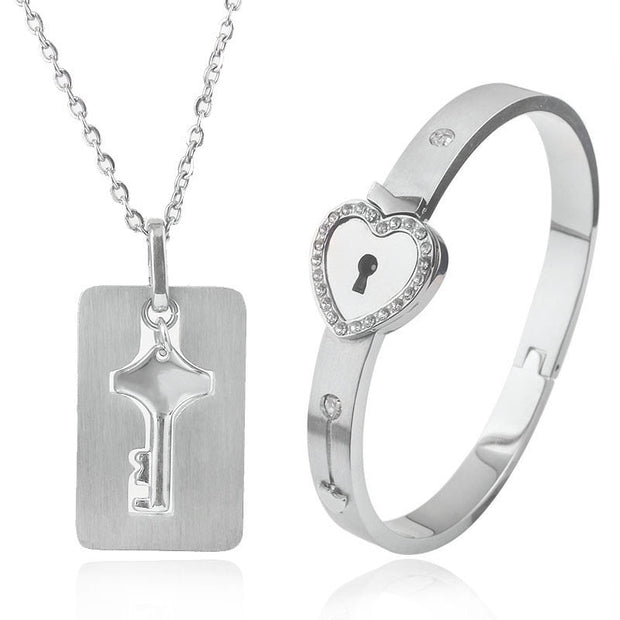 Black Heart Bracelet Choker Set Jewelry Stainless Steel Key Pendant Necklace