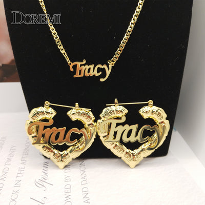 DOREMI Name Earrings and Necklace set Heart Bamboo Earrings 3MM Cuban Chain Custom