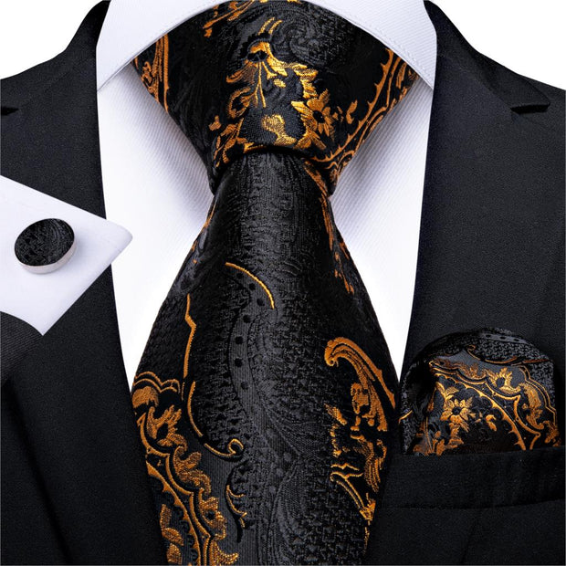 Men Tie Black Gold Paisley Quality Wedding Tie For Men Hanky Cufflink Silk Tie Set