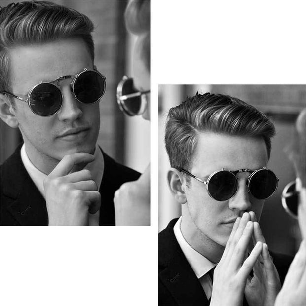 Retro Flip Round Sunglasses Men Women Metal Steampunk Style Sun Glasses