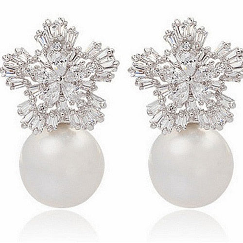 Imitation Pearl Earrings Women Fashion Snowflake Crystal Earrings Charm