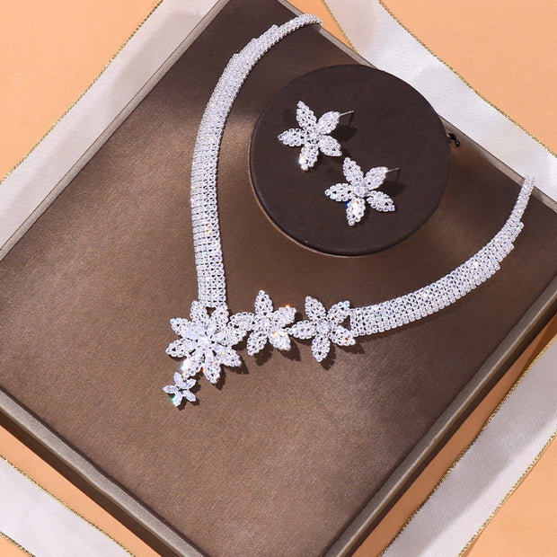 Stonefans Zircon Flowers Necklace and Earrings Set Jewelry for Women