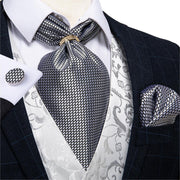 Silk Cravat Navy Dot Formal Ascot Tie Handkerchief Set With Ring