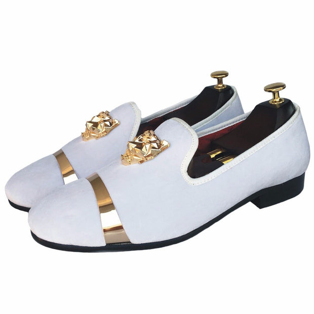 New Handmade Men Velvet Loafers Shoes White Slippers with Gold Buckle