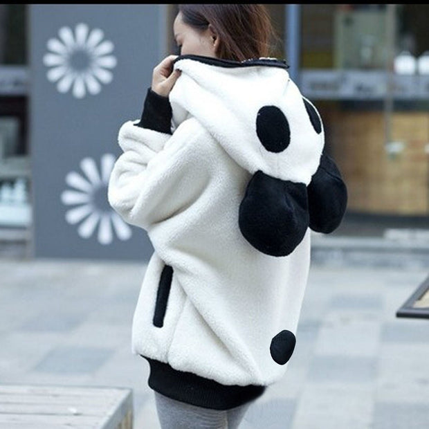 kawaii Hoodies Women fur Coat sweatshirt zip-up Cute Panda Ear cap