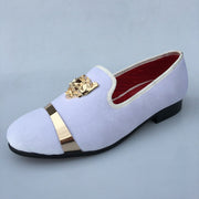 New Handmade Men Velvet Loafers Shoes White Slippers with Gold Buckle