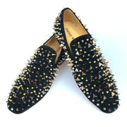 New Handmade Men Black Leather Slippers Loafers Shoes With Gold Spikes