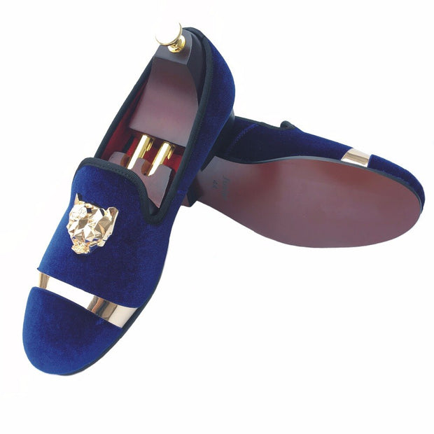 New Handmade Men Gold Buckle Loafers Slippers Shoes Men Blue Velvet Shoes