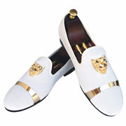 New Handmade Men Velvet Loafers Shoes White Slippers with Gold Buckle
