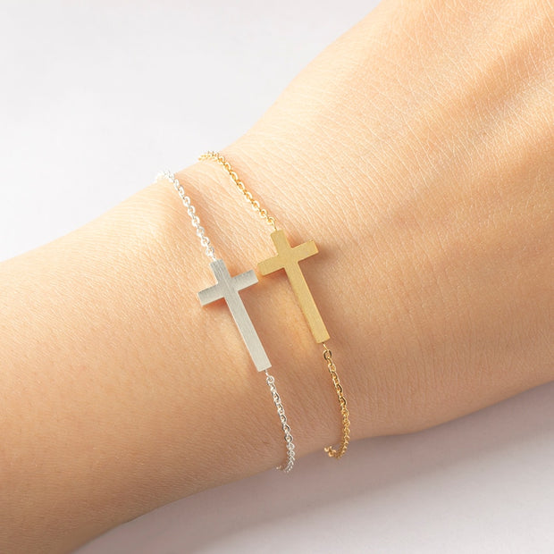 Charms Sideways Cross Bracelet Stretch Chain Stainless Steel Classic Christian Bracelet