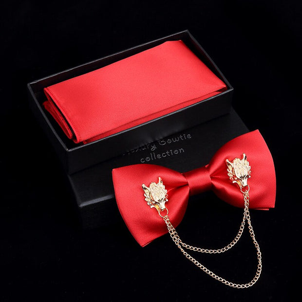 Adjustable Bow Tie Metal Wing Bowtie Pocket Square Towel Handkerchief Gift Set