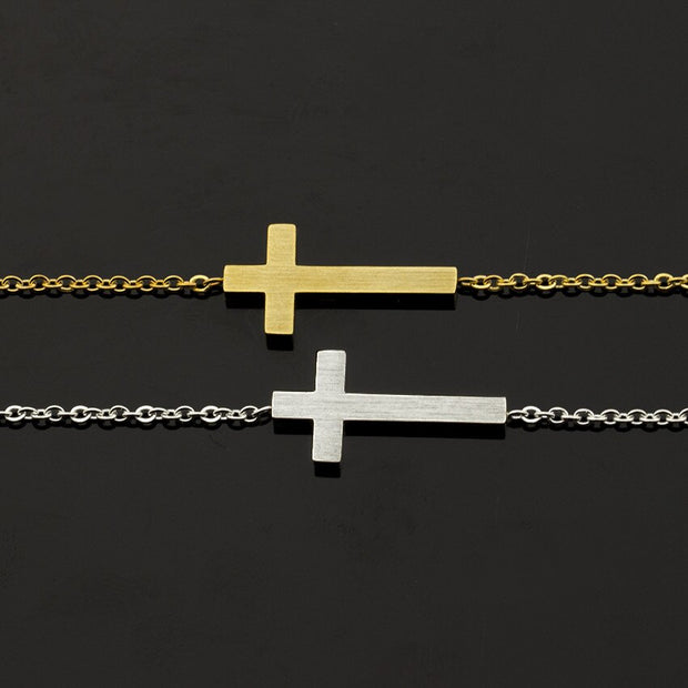 Charms Sideways Cross Bracelet Stretch Chain Stainless Steel Classic Christian Bracelet