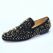 New Handmade Men Black Leather Slippers Loafers Shoes With Gold Spikes
