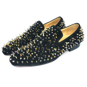 New Handmade Men Black Leather Slippers Loafers Shoes With Gold Spikes