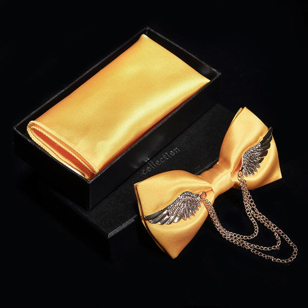 Adjustable Bow Tie Metal Wing Bowtie Pocket Square Towel Handkerchief Gift Set
