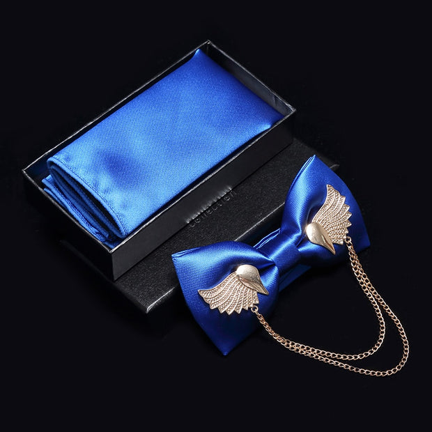 Adjustable Bow Tie Metal Wing Bowtie Pocket Square Towel Handkerchief Gift Set