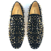 New Handmade Men Black Leather Slippers Loafers Shoes With Gold Spikes