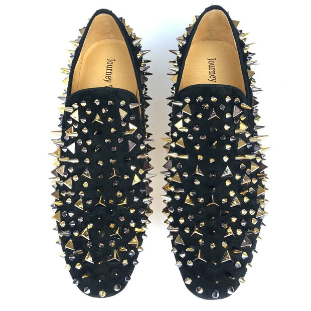 New Handmade Men Black Leather Slippers Loafers Shoes With Gold Spikes