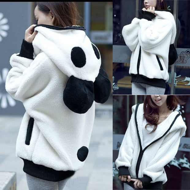kawaii Hoodies Women fur Coat sweatshirt zip-up Cute Panda Ear cap