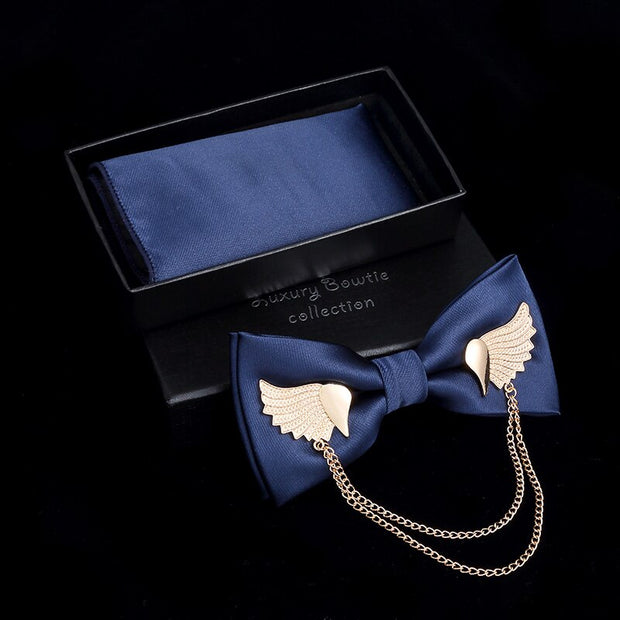 Adjustable Bow Tie Metal Wing Bowtie Pocket Square Towel Handkerchief Gift Set