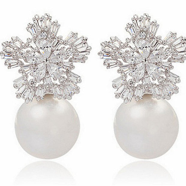 Imitation Pearl Earrings Women Fashion Snowflake Crystal Earrings Charm