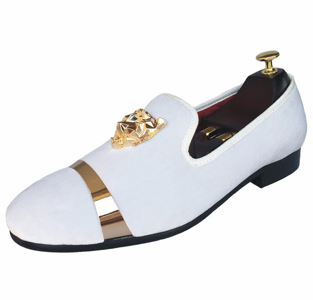 New Handmade Men Velvet Loafers Shoes White Slippers with Gold Buckle