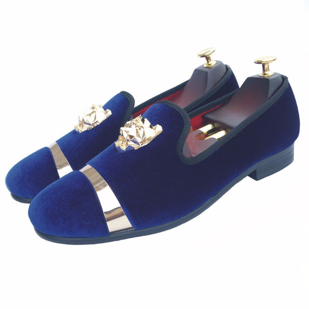 New Handmade Men Gold Buckle Loafers Slippers Shoes Men Blue Velvet Shoes