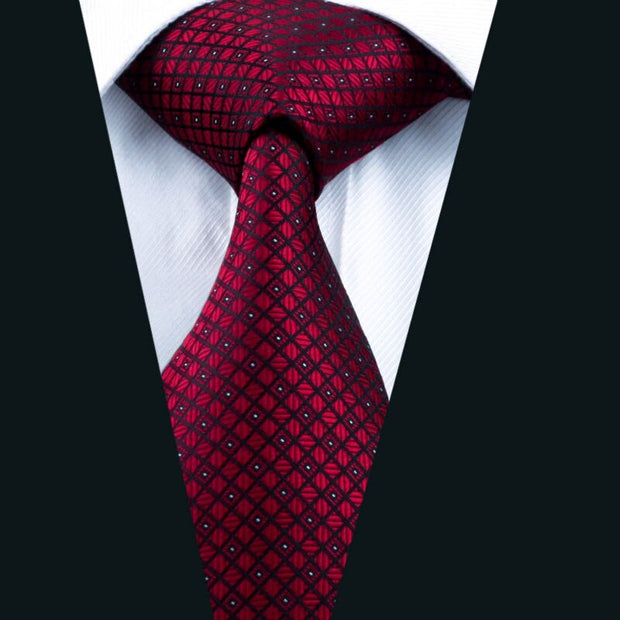 LS-704 Men`s Tie 100% Silk Red Plaid Jacquard Woven Wedding Tie