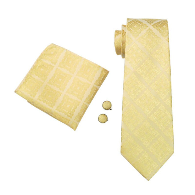 Yellow Novelty Jacquard Woven 100% Silk Brand Tie Hanky Cufflinks Set