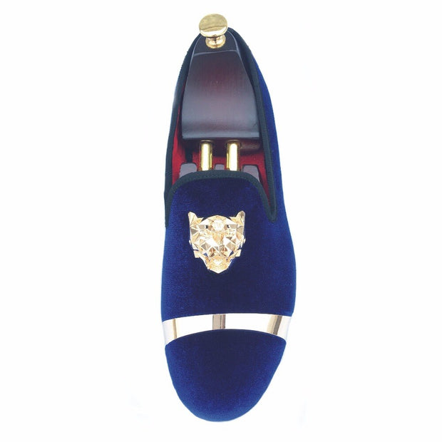 New Handmade Men Gold Buckle Loafers Slippers Shoes Men Blue Velvet Shoes