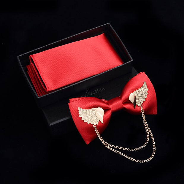 Adjustable Bow Tie Metal Wing Bowtie Pocket Square Towel Handkerchief Gift Set