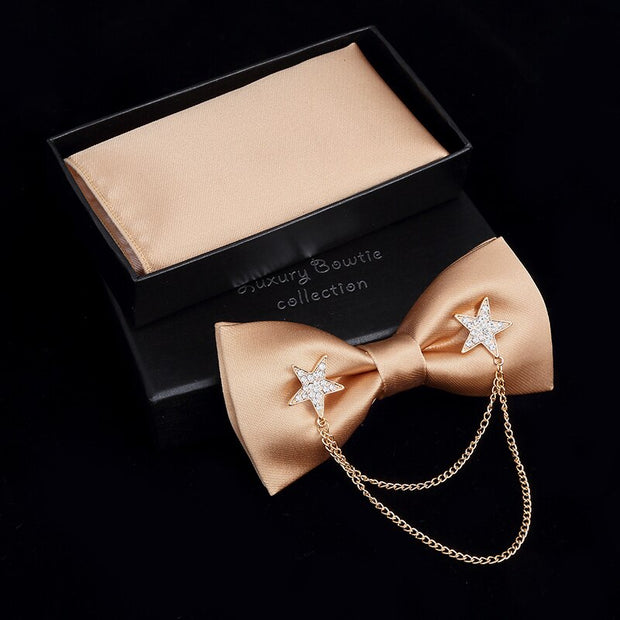 Adjustable Bow Tie Metal Wing Bowtie Pocket Square Towel Handkerchief Gift Set