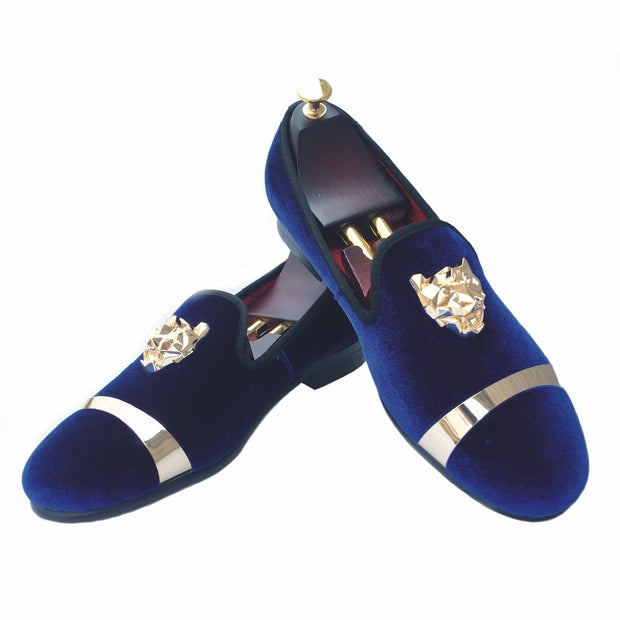 New Handmade Men Gold Buckle Loafers Slippers Shoes Men Blue Velvet Shoes