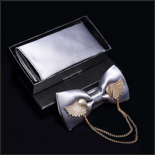 Adjustable Bow Tie Metal Wing Bowtie Pocket Square Towel Handkerchief Gift Set