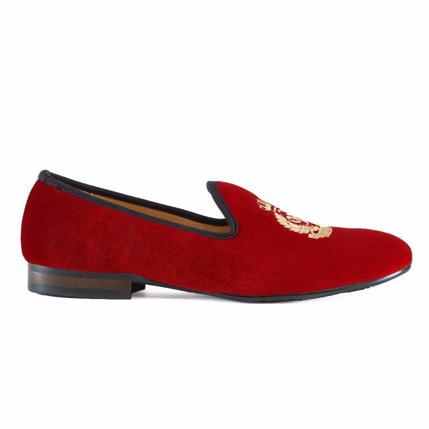 New Handmade Men Red Velvet Loafers With Crown Casual Dress Shoes