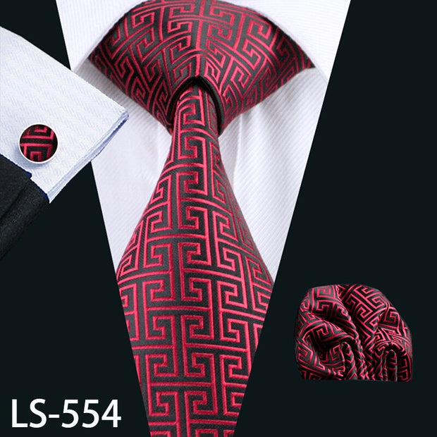 LS-704 Men`s Tie 100% Silk Red Plaid Jacquard Woven Wedding Tie