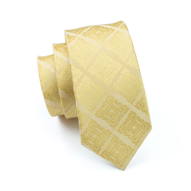 Yellow Novelty Jacquard Woven 100% Silk Brand Tie Hanky Cufflinks Set