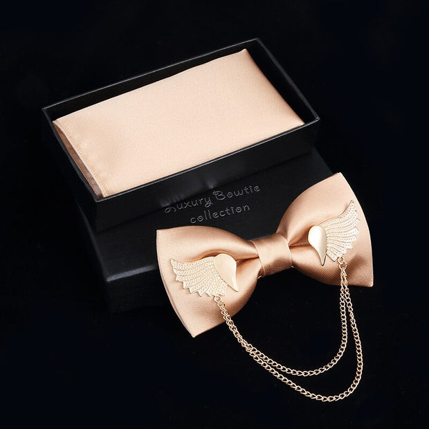 Adjustable Bow Tie Metal Wing Bowtie Pocket Square Towel Handkerchief Gift Set