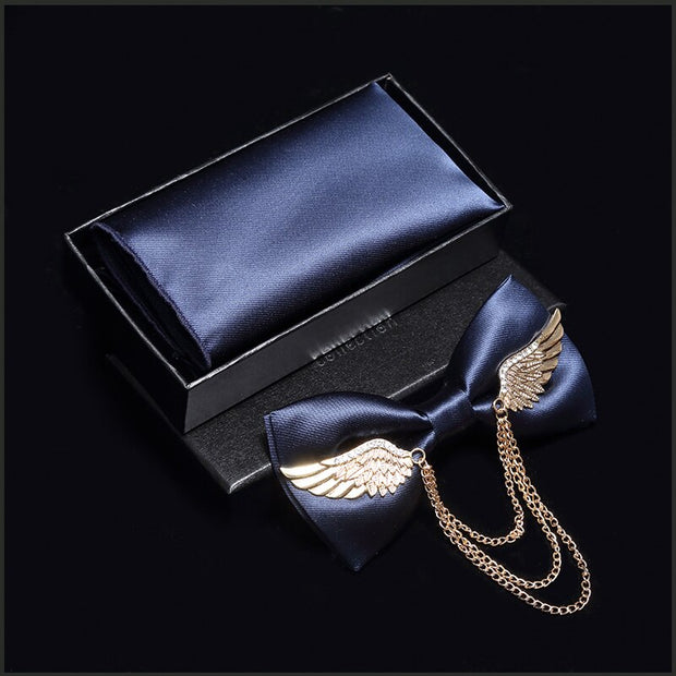 Adjustable Bow Tie Metal Wing Bowtie Pocket Square Towel Handkerchief Gift Set
