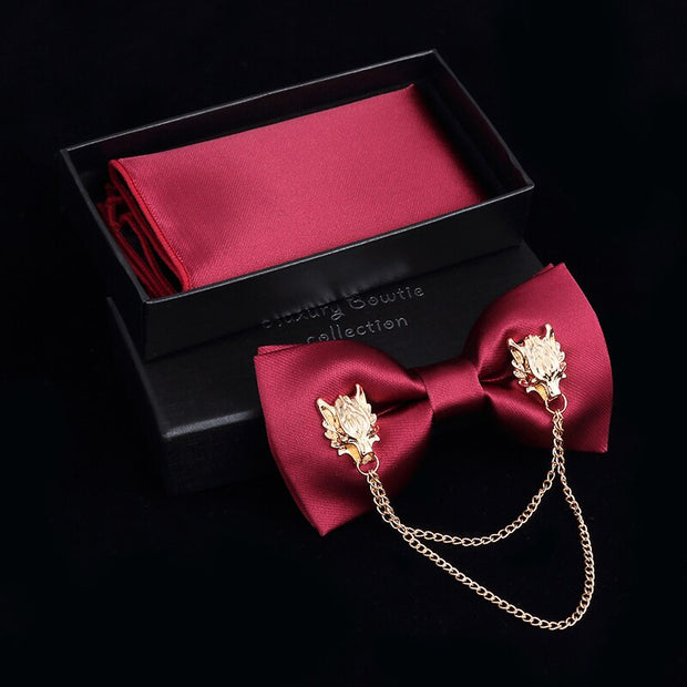 Adjustable Bow Tie Metal Wing Bowtie Pocket Square Towel Handkerchief Gift Set