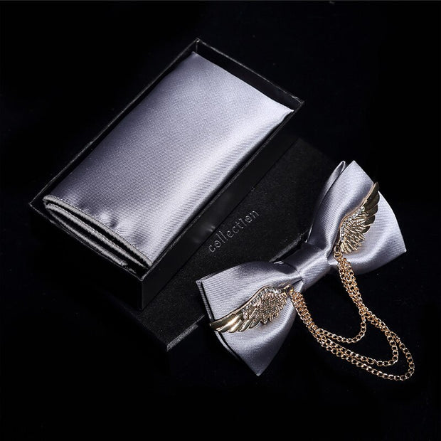 Adjustable Bow Tie Metal Wing Bowtie Pocket Square Towel Handkerchief Gift Set